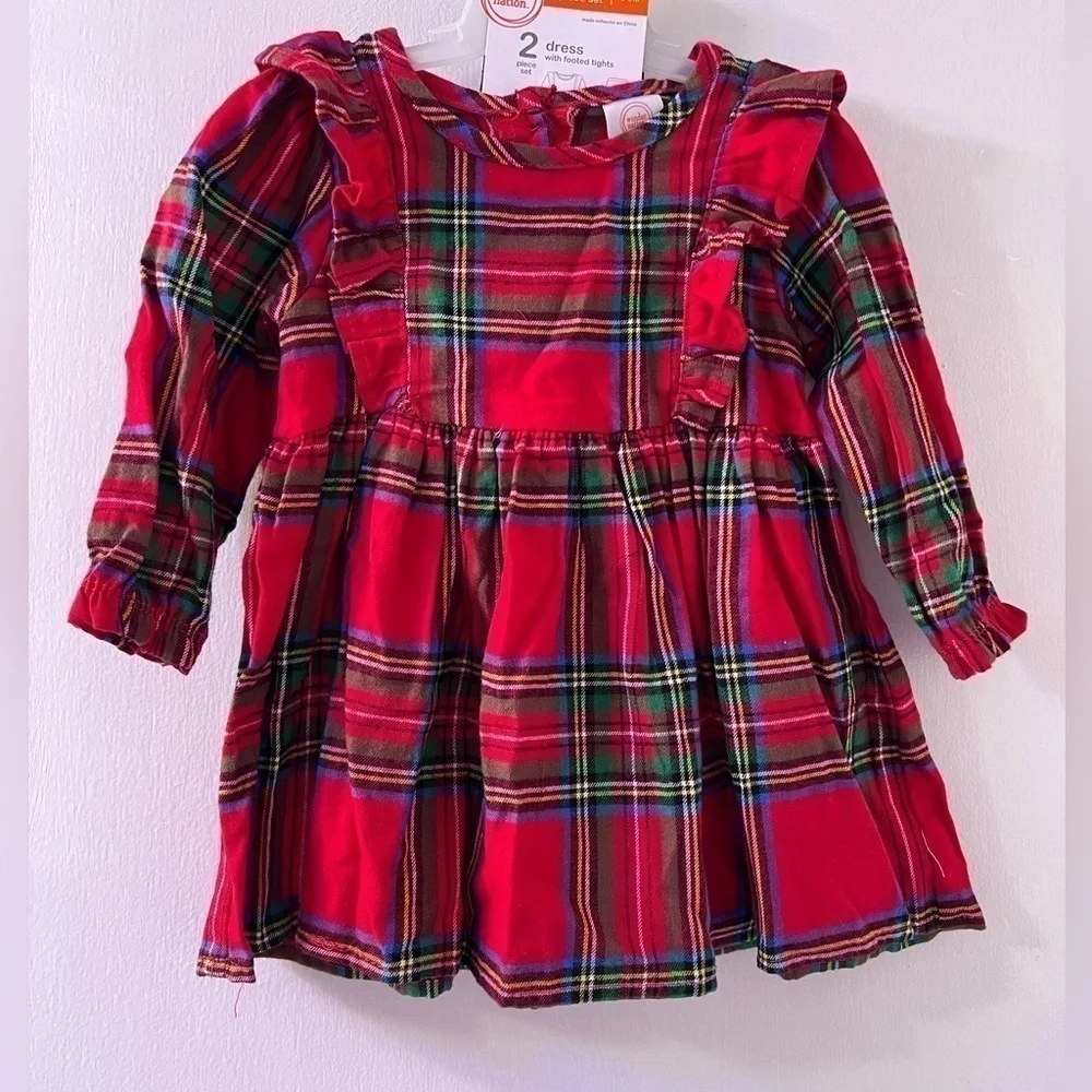 Baby Girls Plaid Dress Outfit with Matching Tights size 0-3 M